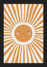 Kuvitettu aurinko hymyilevine kasvoineen ja oransseine säteineen-5