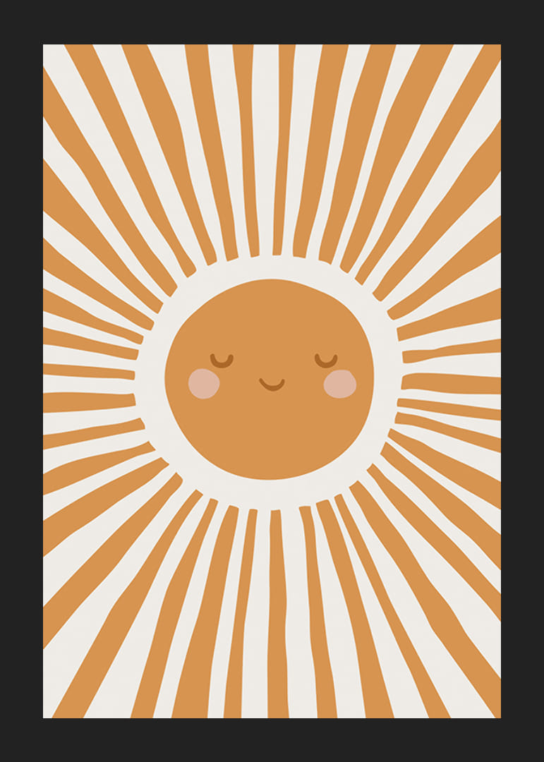 Kuvitettu aurinko hymyilevine kasvoineen ja oransseine säteineen-12