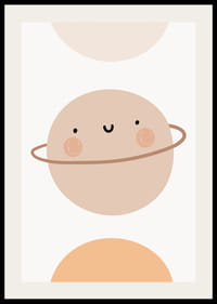 Pianeta illustrato con anelli e volto sorridente nei toni del beige-2