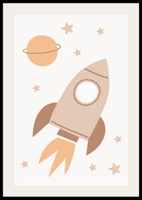 Cohete espacial ilustrado entre estrellas y planetas en tonos beige.-2