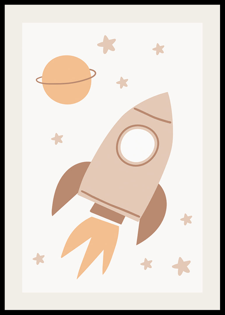 Cohete espacial ilustrado entre estrellas y planetas en tonos beige.-12