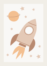 Cohete espacial ilustrado entre estrellas y planetas en tonos beige.-3