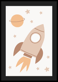 Cohete espacial ilustrado entre estrellas y planetas en tonos beige.-4