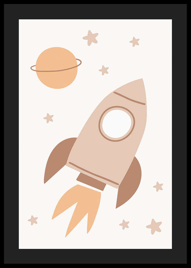 Cohete espacial ilustrado entre estrellas y planetas en tonos beige.-12