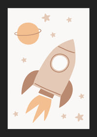 Cohete espacial ilustrado entre estrellas y planetas en tonos beige.-5