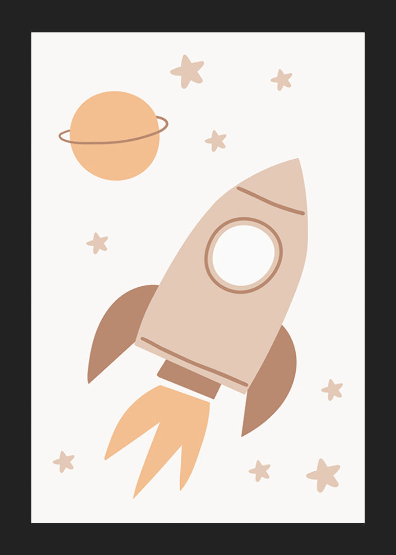 Cohete espacial ilustrado entre estrellas y planetas en tonos beige.-12