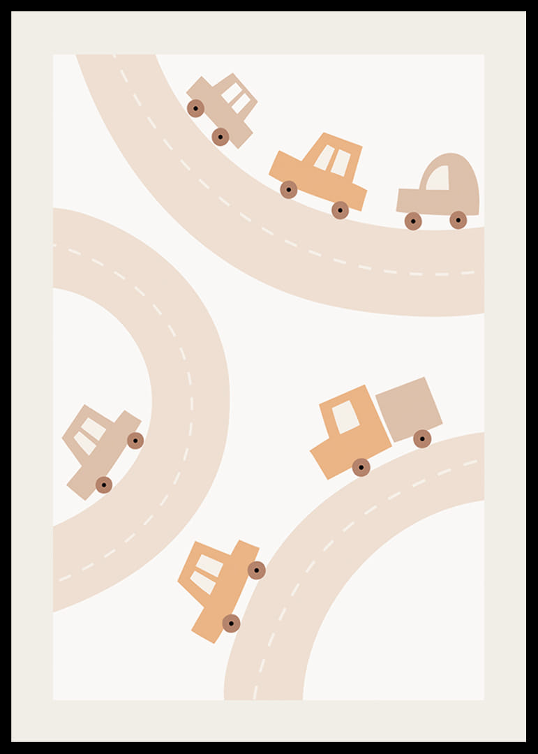Ilustração de carrinhos de brinquedo em estradas sinuosas em tons de bege-12