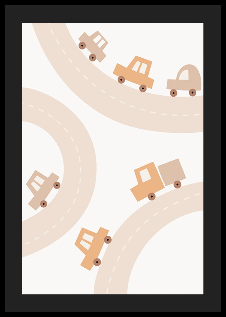 Ilustração de carrinhos de brinquedo em estradas sinuosas em tons de bege-12