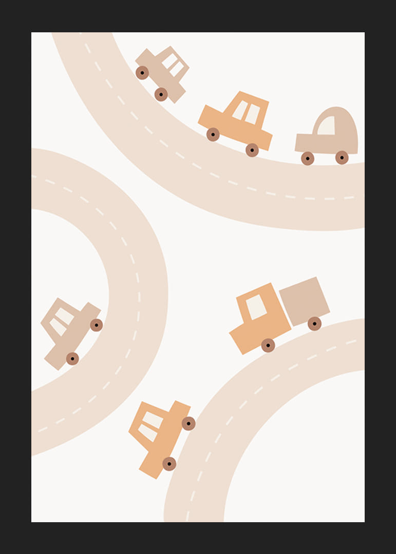Ilustração de carrinhos de brinquedo em estradas sinuosas em tons de bege-12
