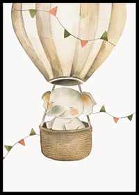Watercolor illustration of elephant in hot air balloon with pastel flags-6
