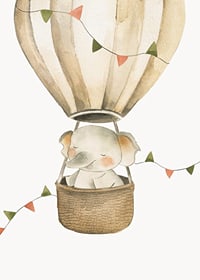 Watercolor illustration of elephant in hot air balloon with pastel flags-7