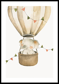 Watercolor illustration of elephant in hot air balloon with pastel flags-0