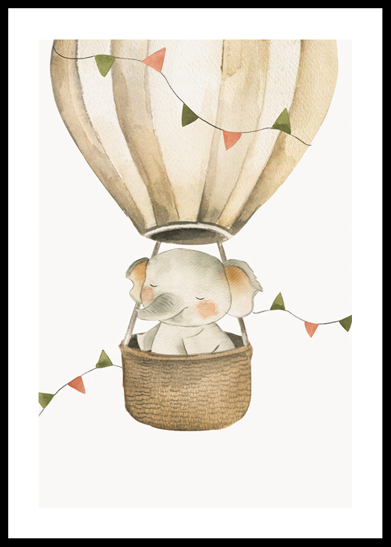 Watercolor illustration of elephant in hot air balloon with pastel flags-12
