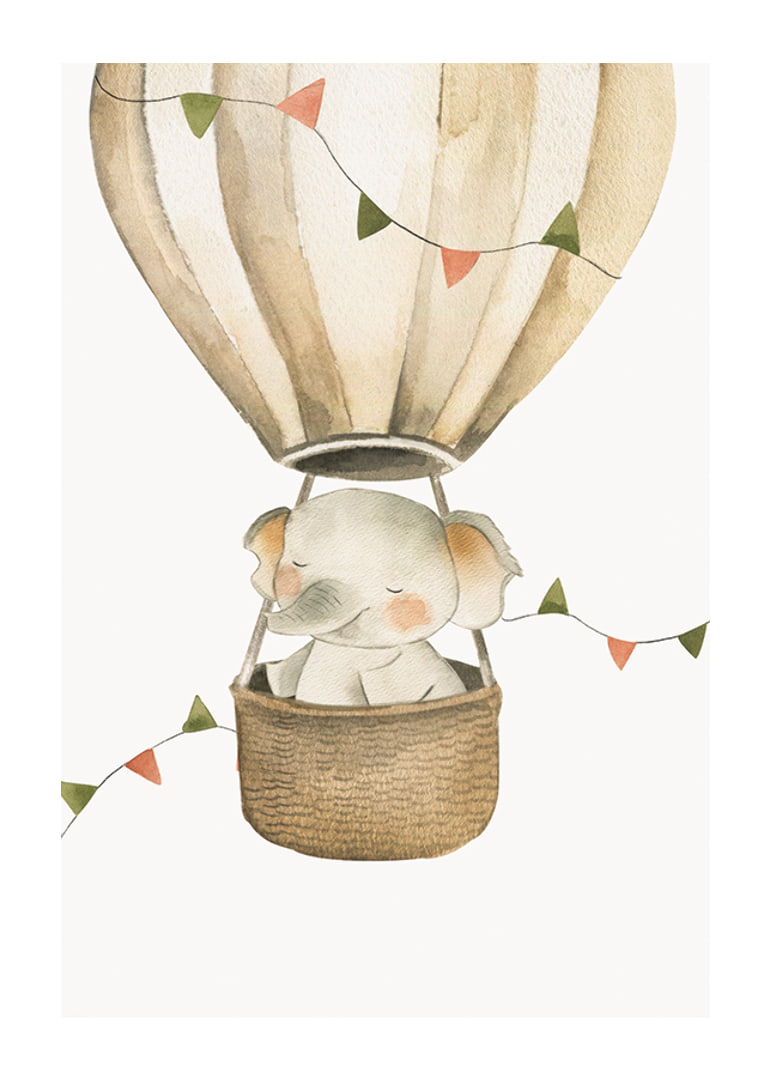 Watercolor illustration of elephant in hot air balloon with pastel flags-12