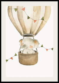 Akvarellillustration av elefant i luftballong med pastellflaggor-2