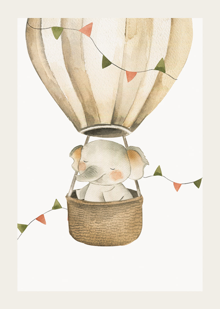 Watercolor illustration of elephant in hot air balloon with pastel flags-12