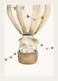 Akvarellillustration av elefant i luftballong med pastellflaggor-3