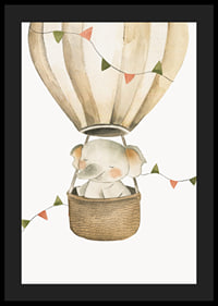 Watercolor illustration of elephant in hot air balloon with pastel flags-4