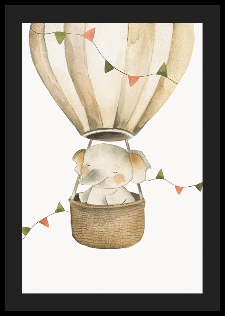 Akvarellillustration av elefant i luftballong med pastellflaggor-12