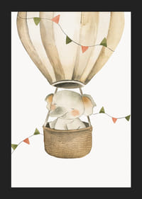 Akvarellillustration av elefant i luftballong med pastellflaggor-5