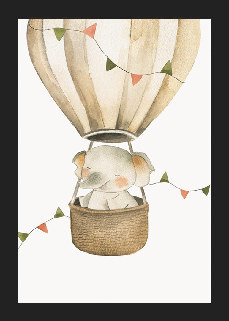Akvarellillustration av elefant i luftballong med pastellflaggor-12
