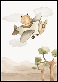 Watercolor illustration of fox in airplane among clouds and mountains-6