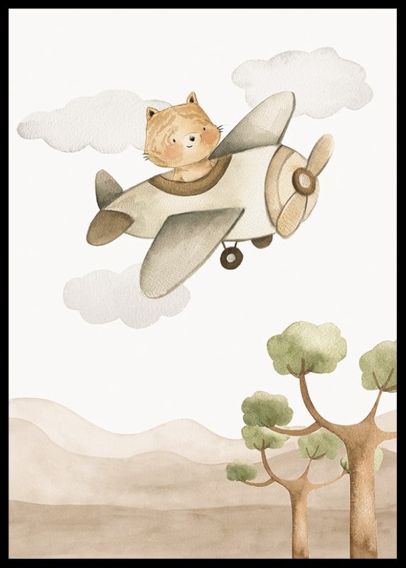 Watercolor illustration of fox in airplane among clouds and mountains-12