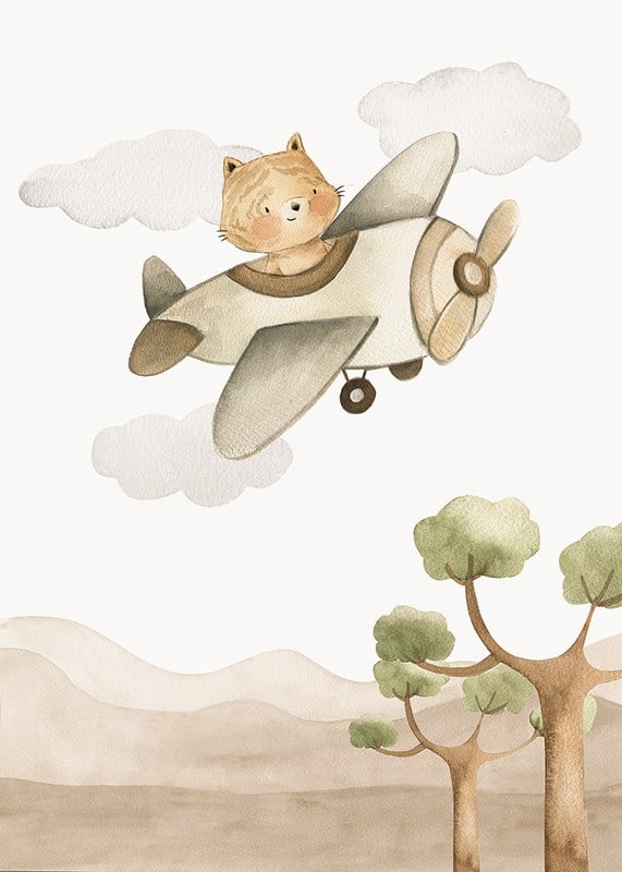 Watercolor illustration of fox in airplane among clouds and mountains-12