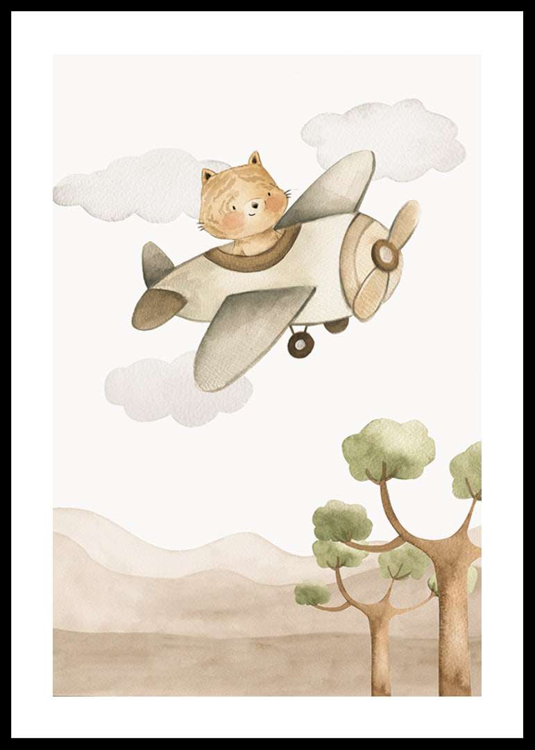 Watercolor illustration of fox in airplane among clouds and mountains-12