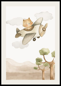 Akvarel illustration af ræv i fly blandt skyer og bjerge-2