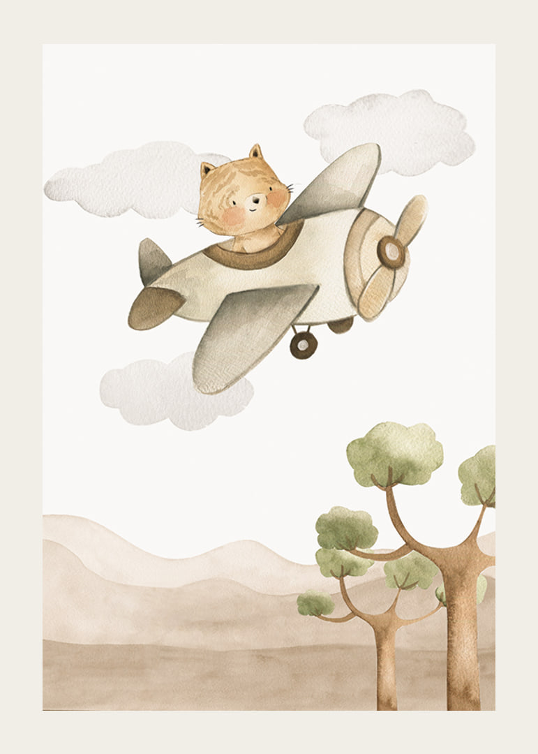 Watercolor illustration of fox in airplane among clouds and mountains-12