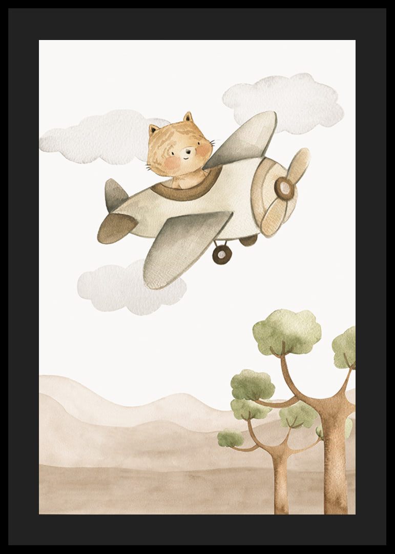 Watercolor illustration of fox in airplane among clouds and mountains-12
