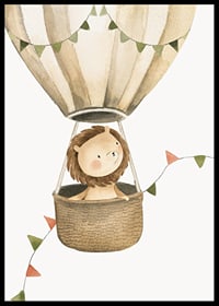 Watercolor illustration of lion in hot air balloon with pennants-6