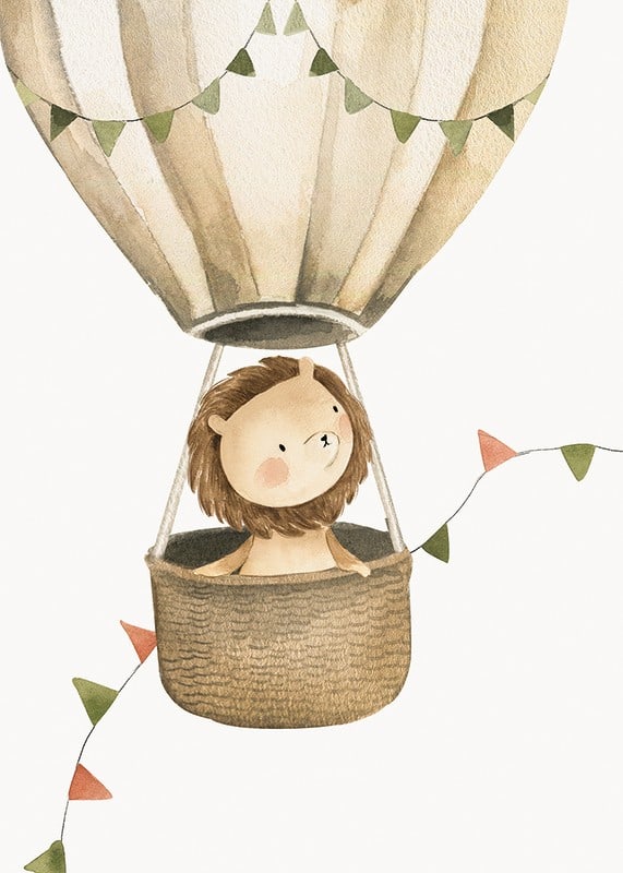 Watercolor illustration of lion in hot air balloon with pennants-12