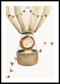 Watercolor illustration of lion in hot air balloon with pennants-0