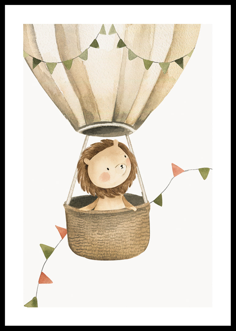Watercolor illustration of lion in hot air balloon with pennants-12