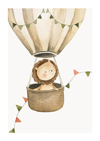 Watercolor illustration of lion in hot air balloon with pennants-1