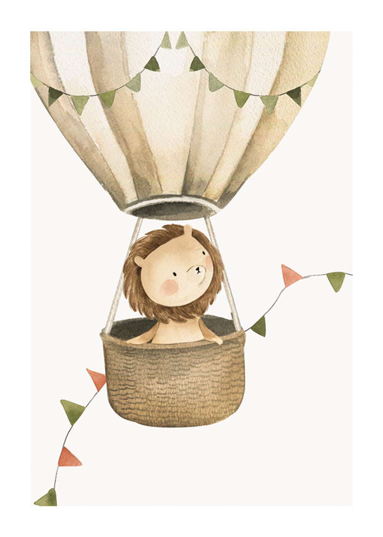 Watercolor illustration of lion in hot air balloon with pennants-12