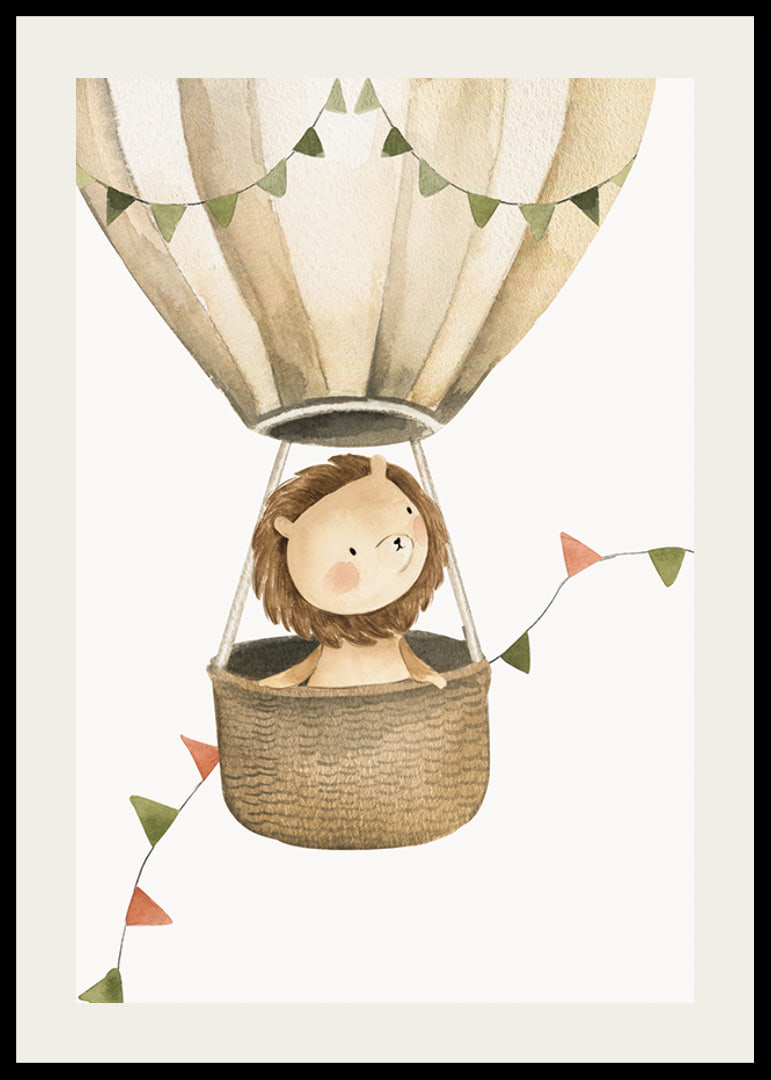 Watercolor illustration of lion in hot air balloon with pennants-12