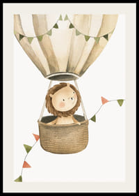 Akvarellillustration av lejon i luftballong med vimplar-2