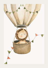 Akvarellillustration av lejon i luftballong med vimplar-3