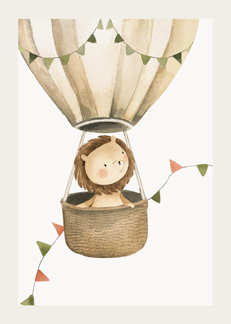 Akvarellillustration av lejon i luftballong med vimplar-12