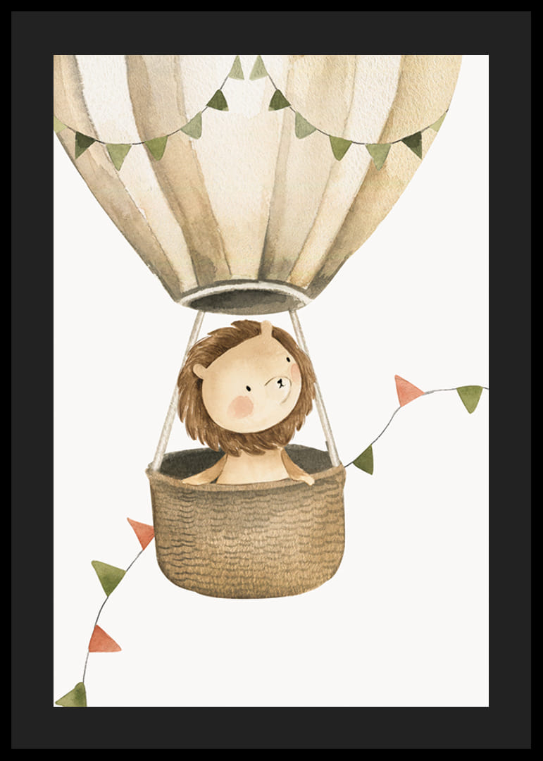 Akvarellillustration av lejon i luftballong med vimplar-12