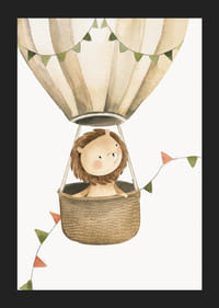 Akvarellillustration av lejon i luftballong med vimplar-5