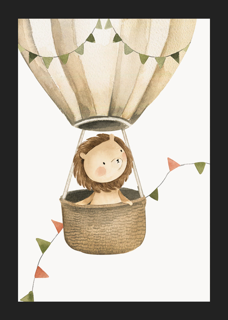 Akvarellillustration av lejon i luftballong med vimplar-12