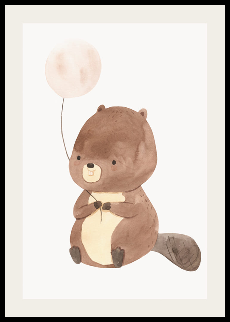 Illustrert bever med beige ballong på lys bakgrunn-12