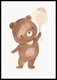 Illustrated brown bear cub with three balloons in beige tones-6