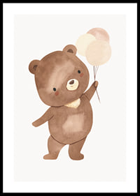 Illustrated brown bear cub with three balloons in beige tones-0