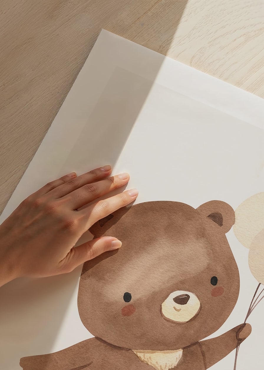 Illustrated brown bear cub with three balloons in beige tones-12