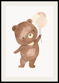 Illustrated brown bear cub with three balloons in beige tones-2